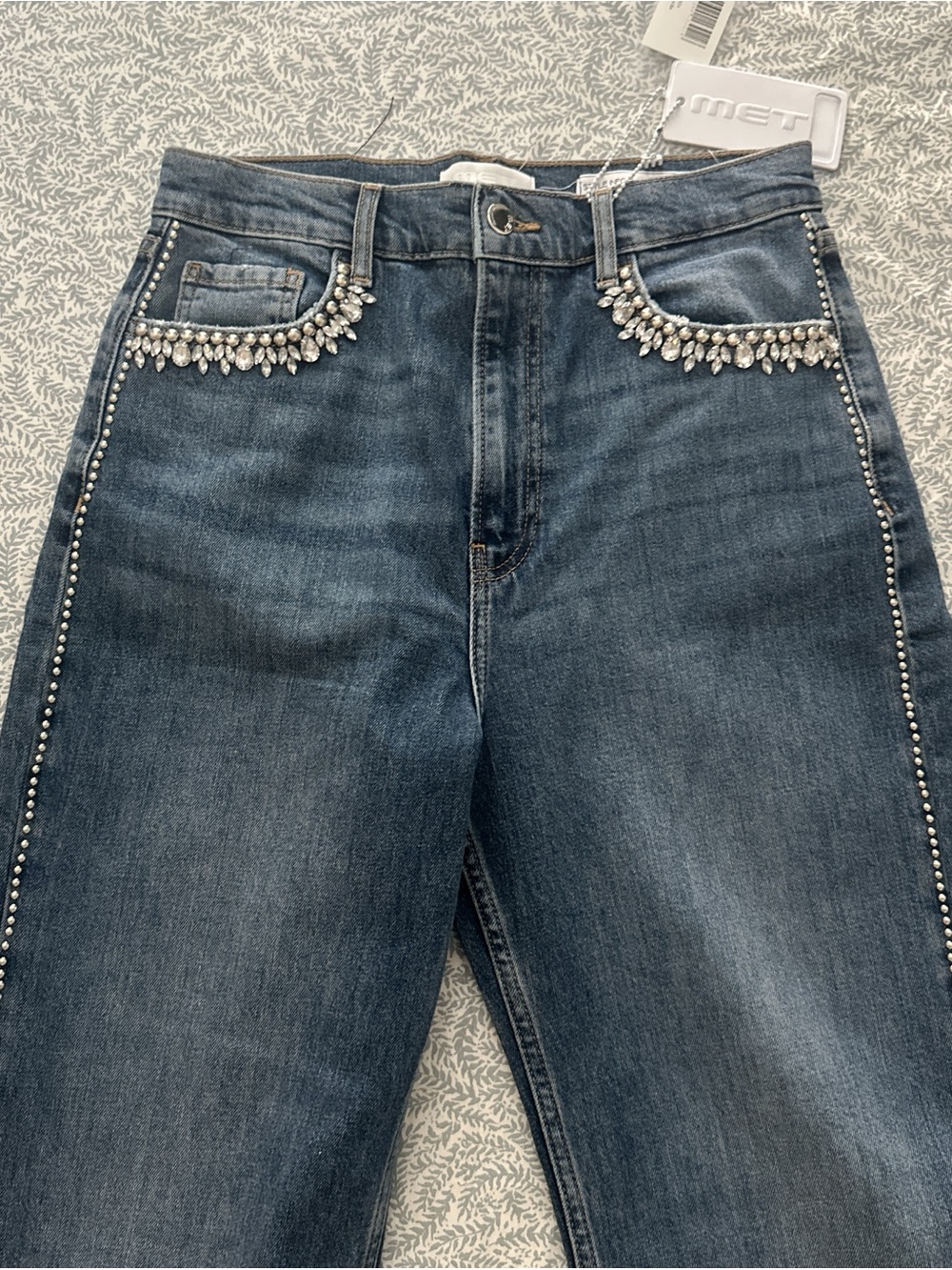 MET Italian Denim Dark Blue Straight Leg Jeans with Crystal Trim
